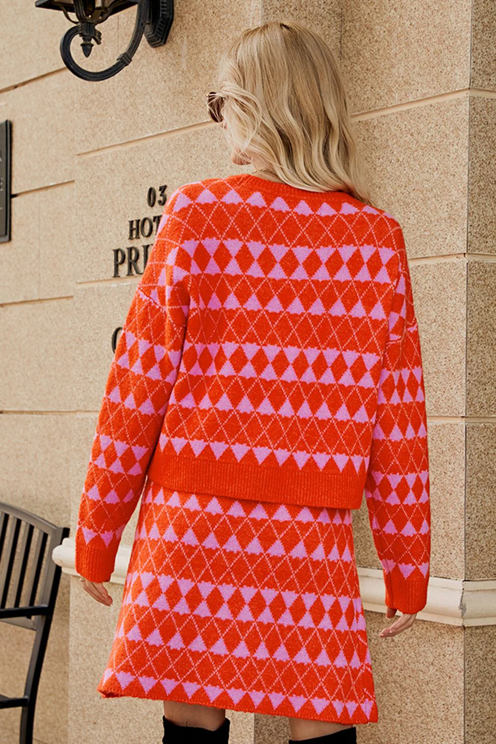Geometric Dropped Shoulder Cardigan and Knit Skirt Set - Image 2