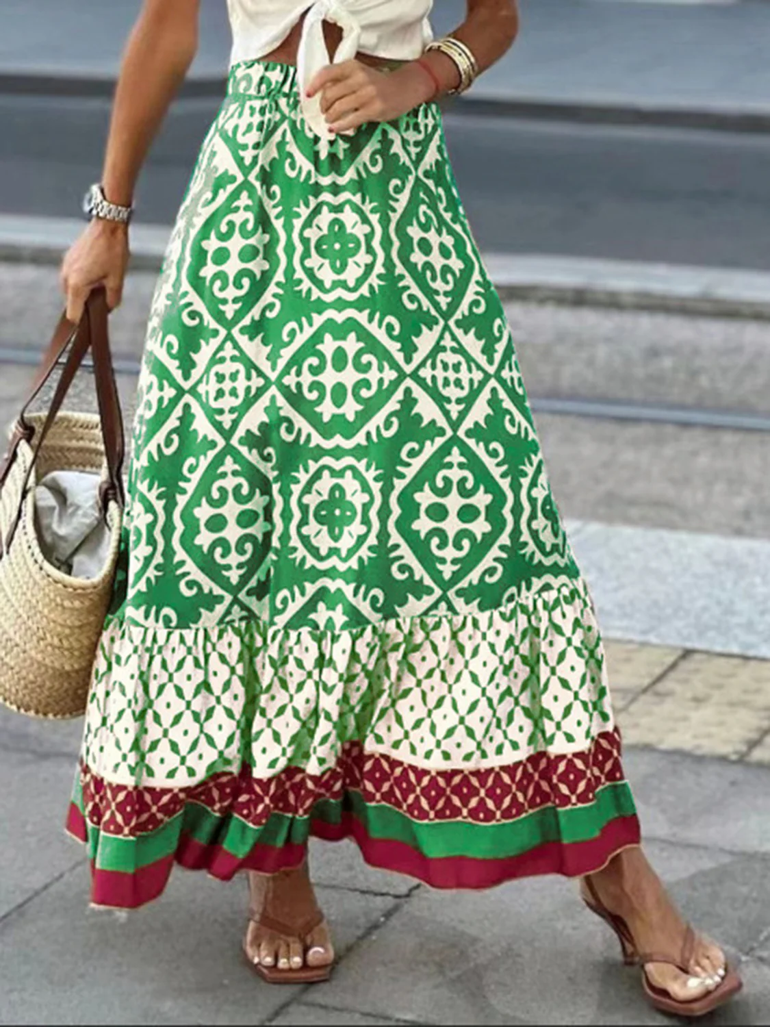 Geometric Elastic Waist Maxi Skirt - Image 10