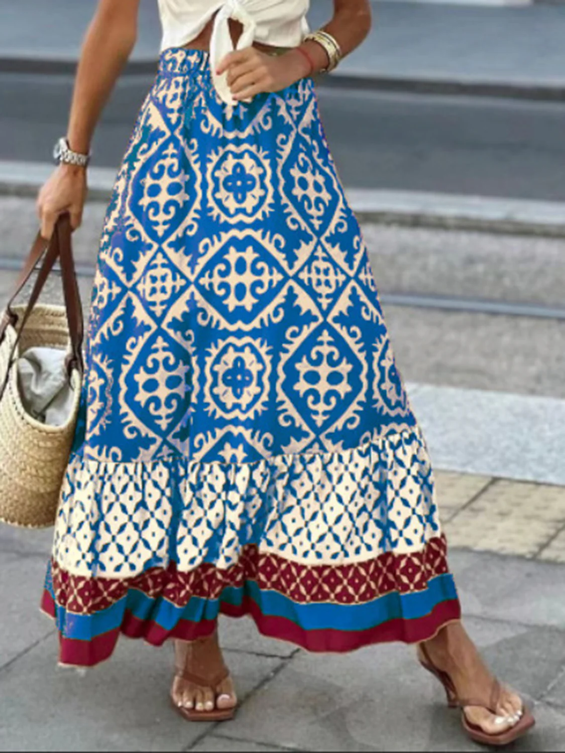 Geometric Elastic Waist Maxi Skirt - Image 14