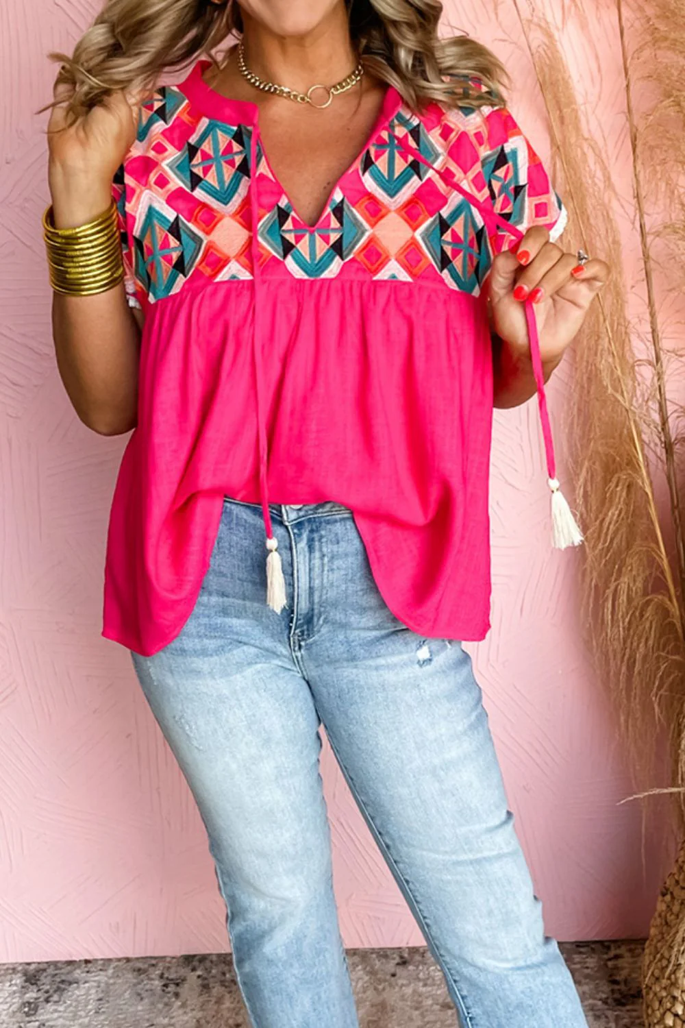 Geometric Embroidered Tassel Tie Neck Blouse - Image 5