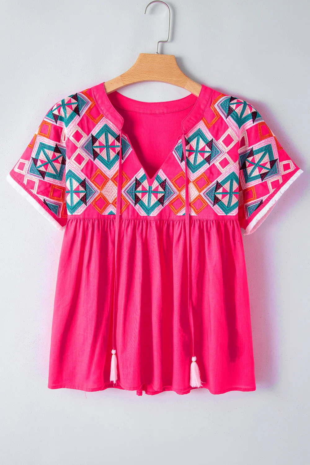 Geometric Embroidered Tassel Tie Neck Blouse - Image 6