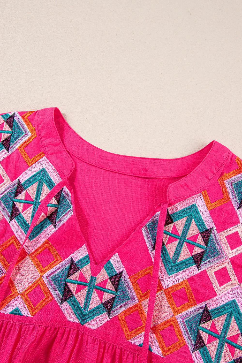 Geometric Embroidered Tassel Tie Neck Blouse - Image 8
