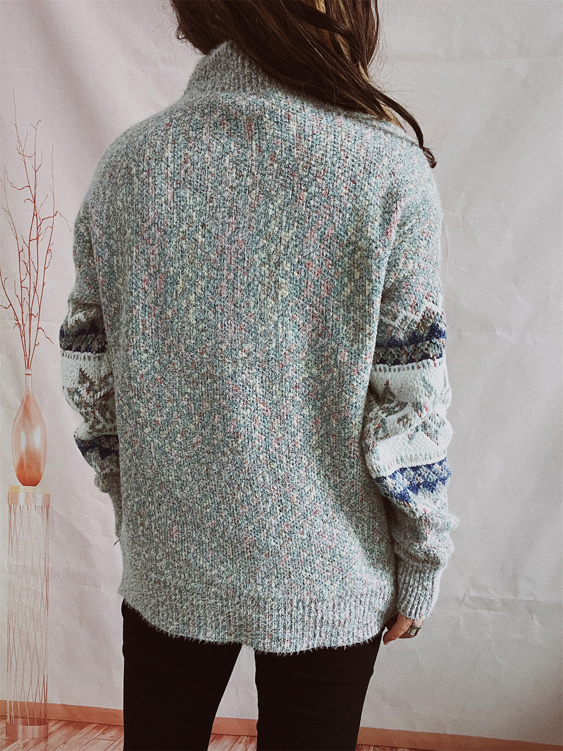Geometric Mock Neck Dropped Shoulder Sweater - Image 15