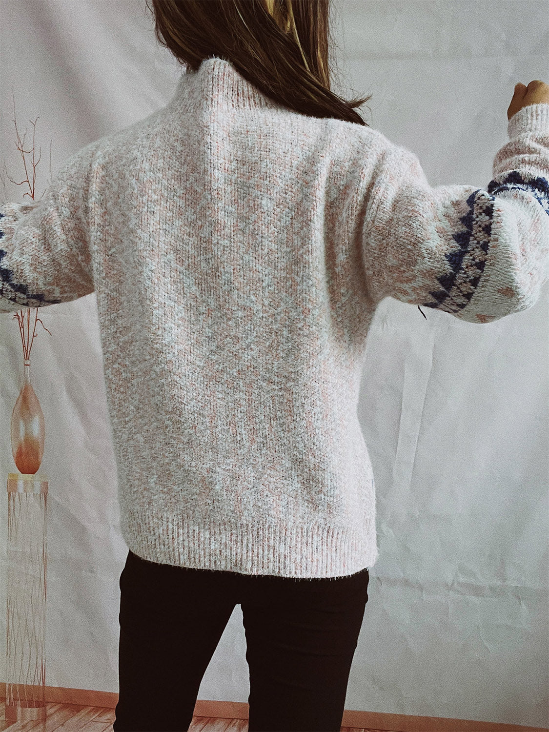 Geometric Mock Neck Dropped Shoulder Sweater - Image 6
