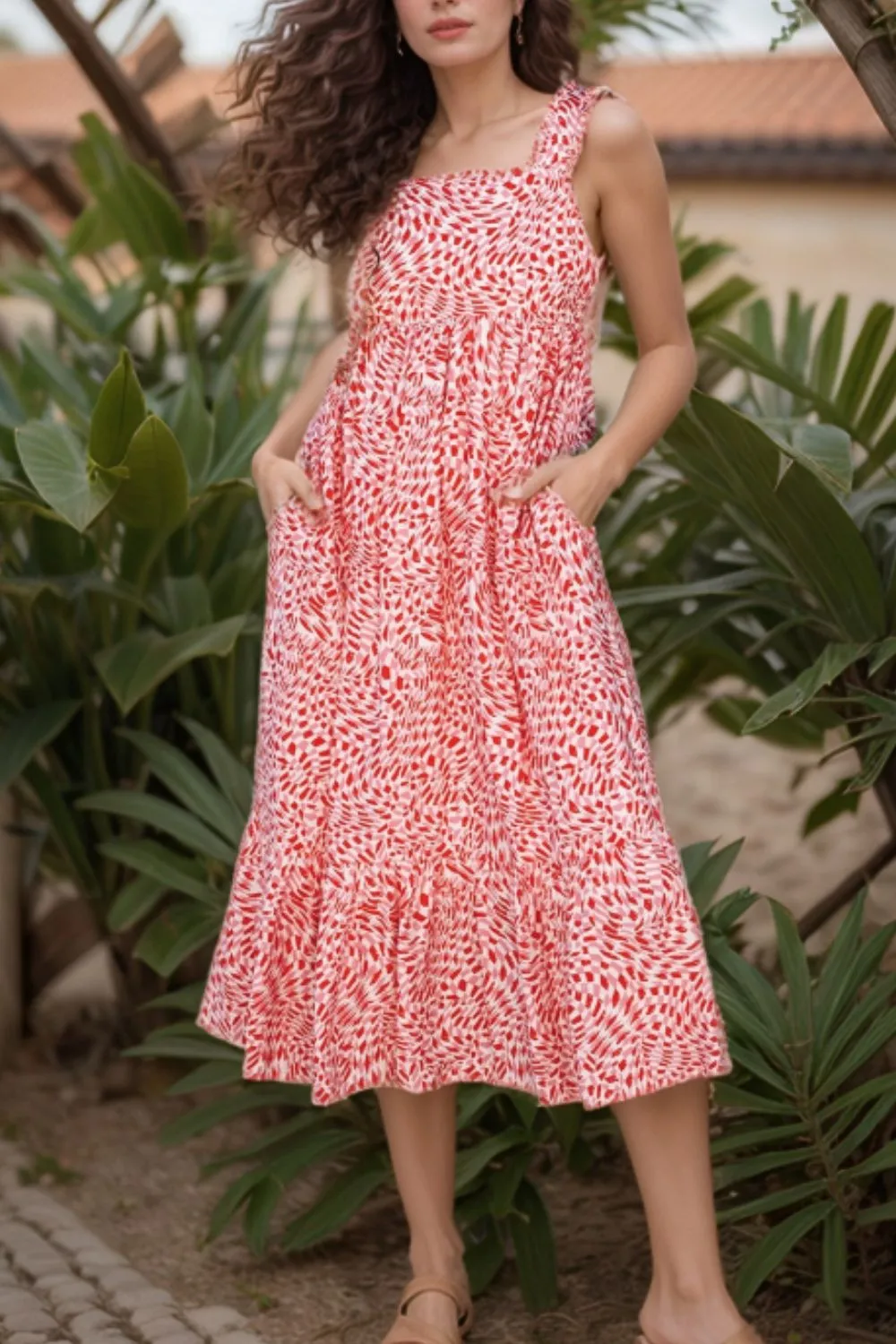 Geometric Print Knot Back Sleeveless Ruffle Hem Dress - Image 2