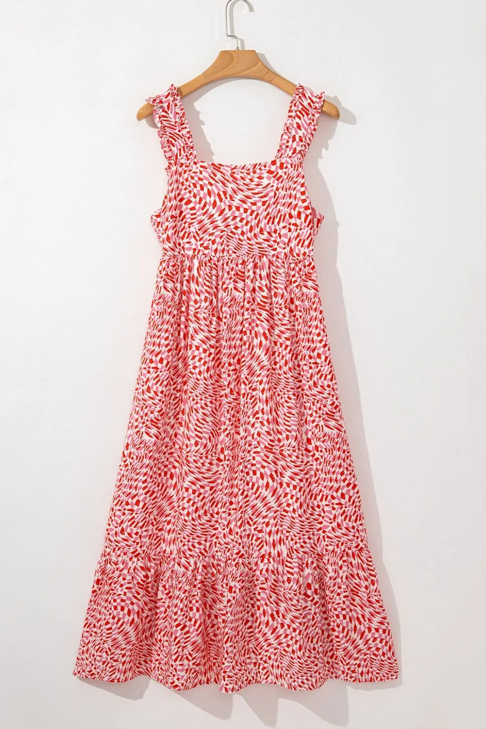 Geometric Print Knot Back Sleeveless Ruffle Hem Dress - Image 7