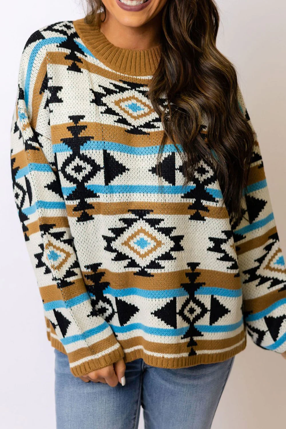 Geometric Round Neck Long Sleeve Sweater - Image 4