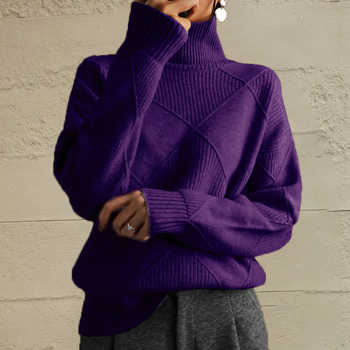 Geometric Turtleneck Long Sleeve Sweater - Image 22