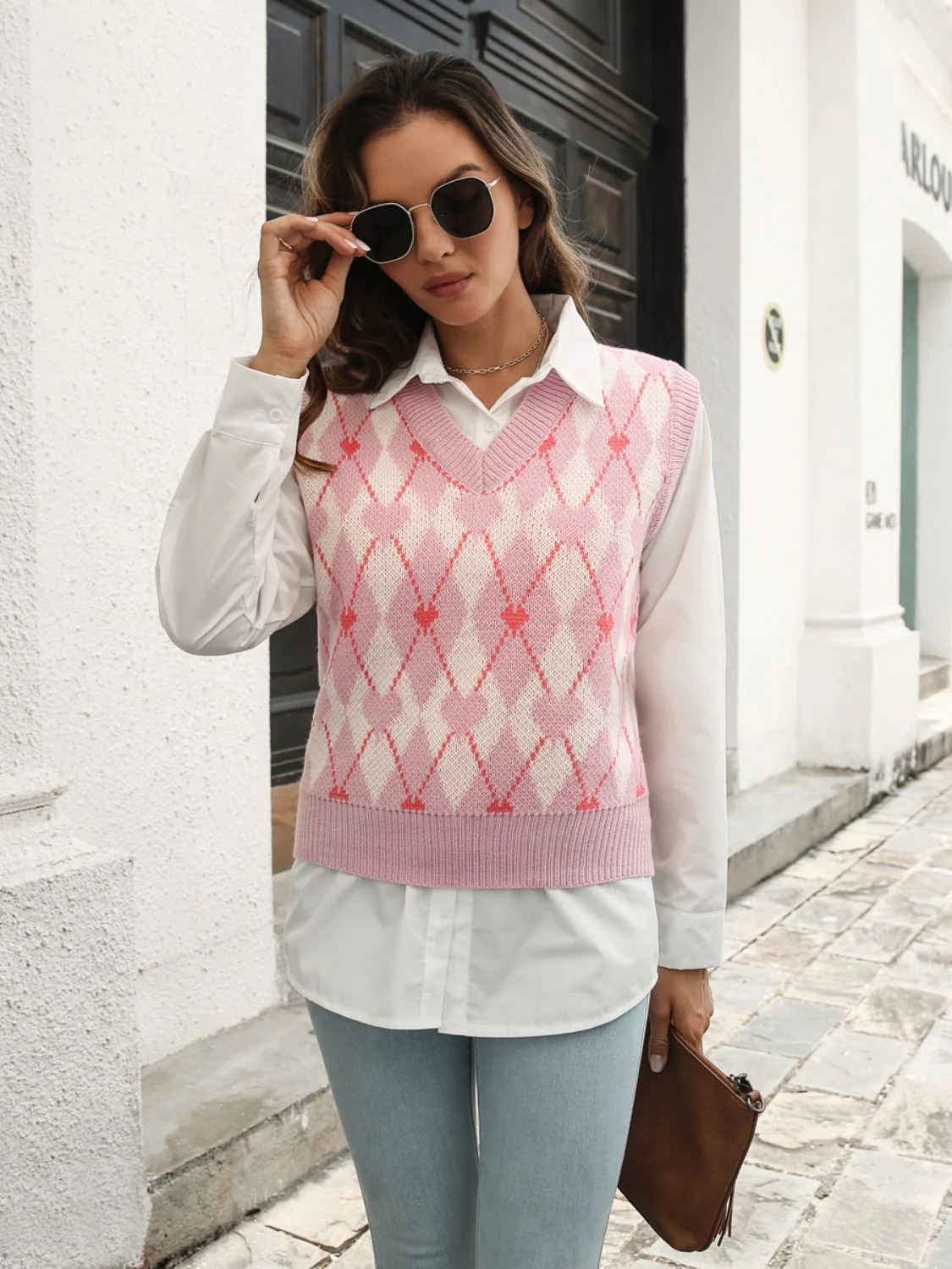 Geometric V-Neck Sweater Vest - Image 3