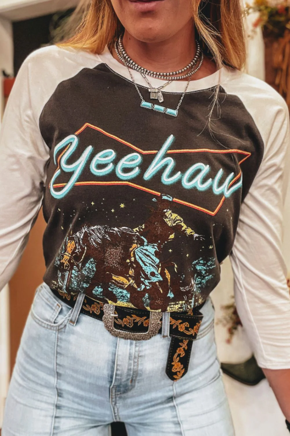 Graphic Contrast Round Neck Raglan Sleeve T-Shirt - Image 2
