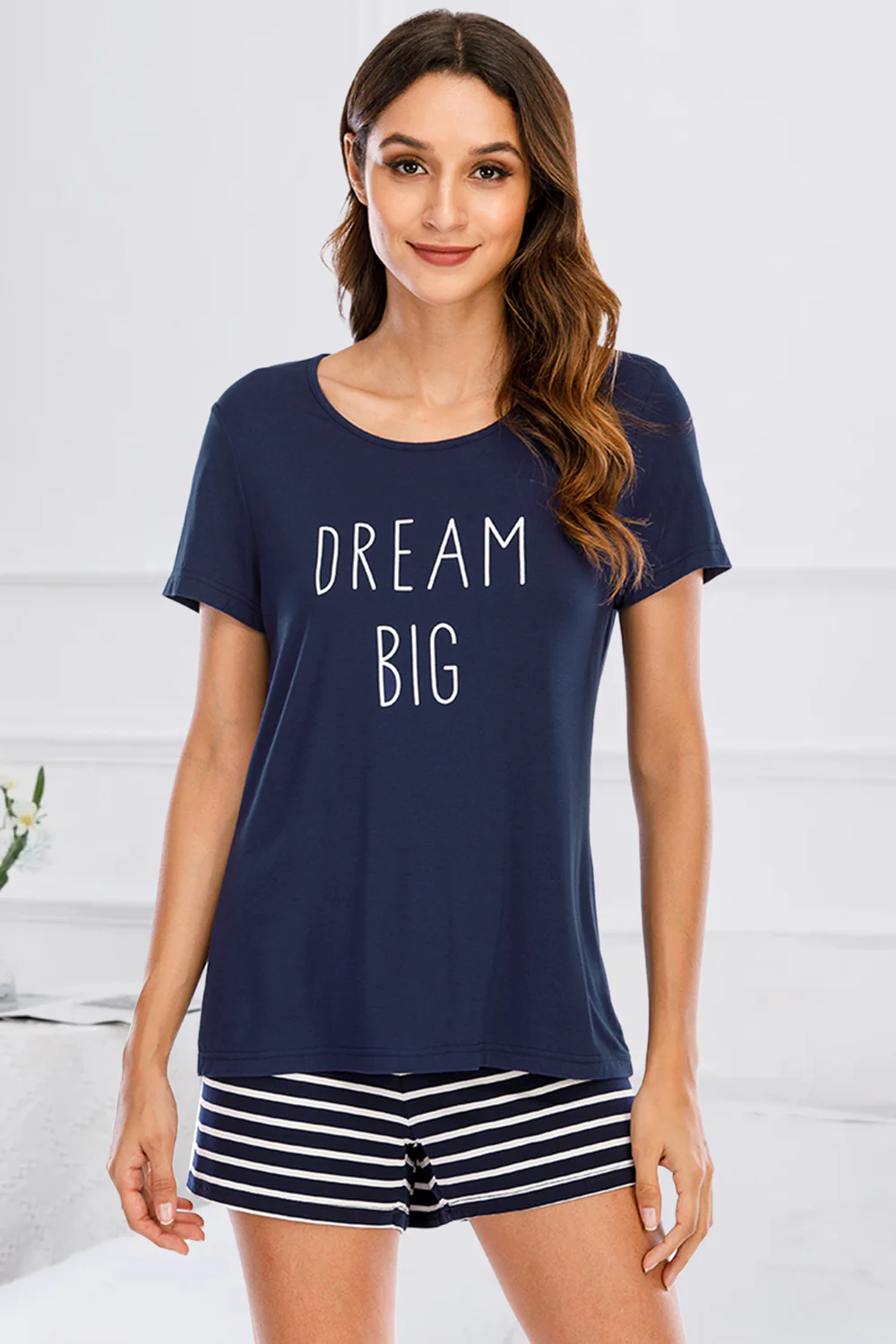 Graphic Round Neck Top and Striped Shorts Lounge Set - Image 11