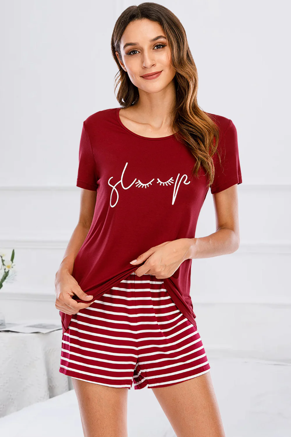 Graphic Round Neck Top and Striped Shorts Lounge Set - Image 6