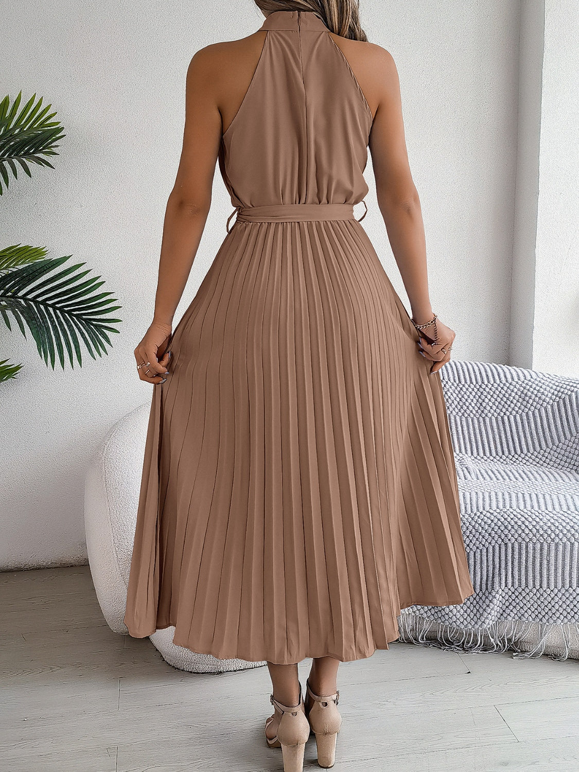 Grecian Neck Tie Waist Pleated Dress - Image 15