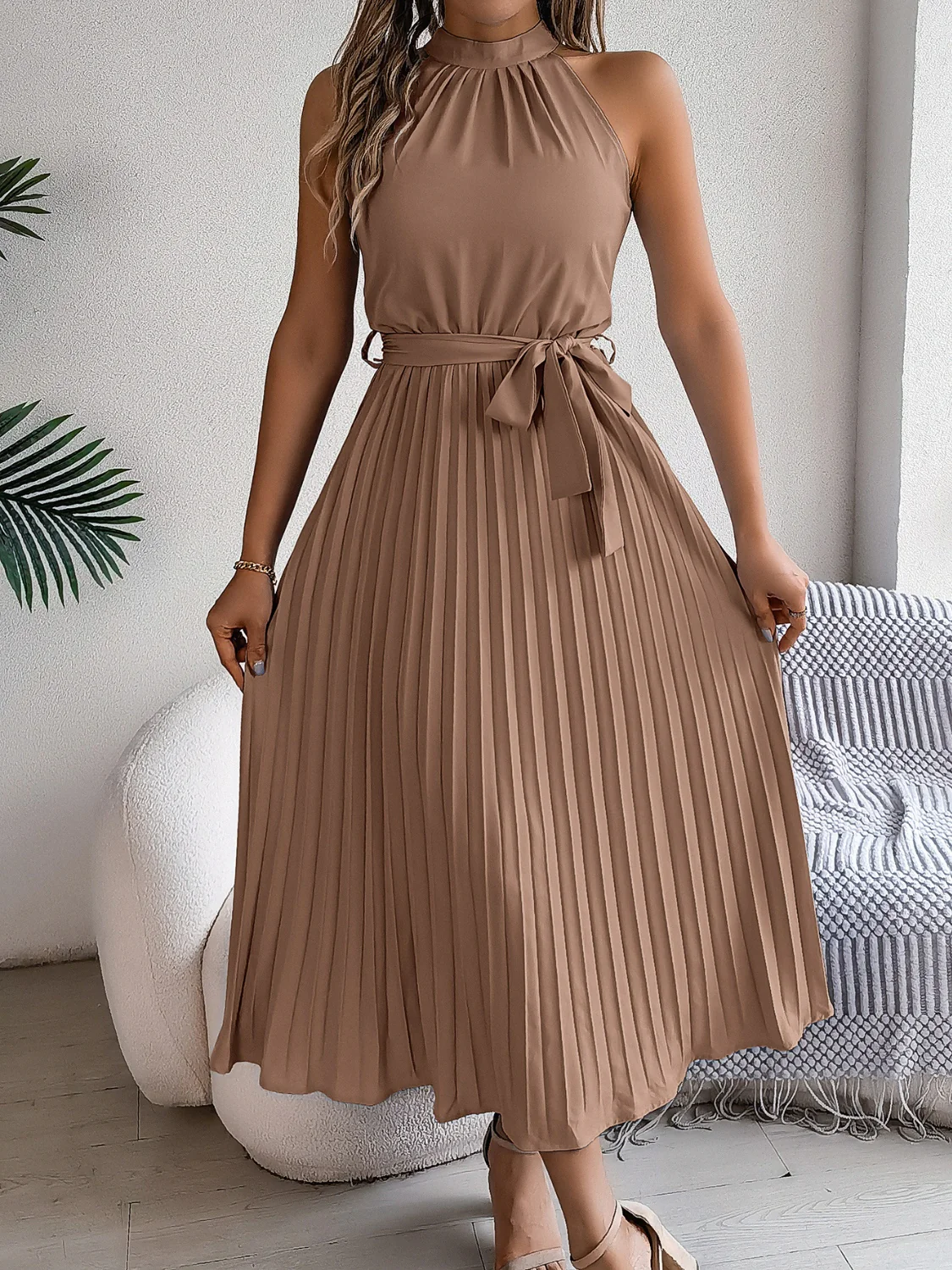Grecian Neck Tie Waist Pleated Dress - Image 16