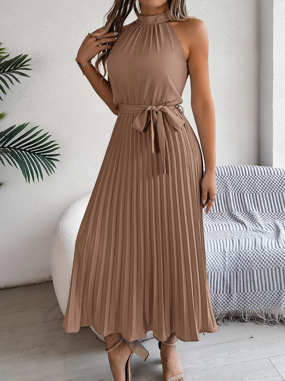 Grecian Neck Tie Waist Pleated Dress - Image 17