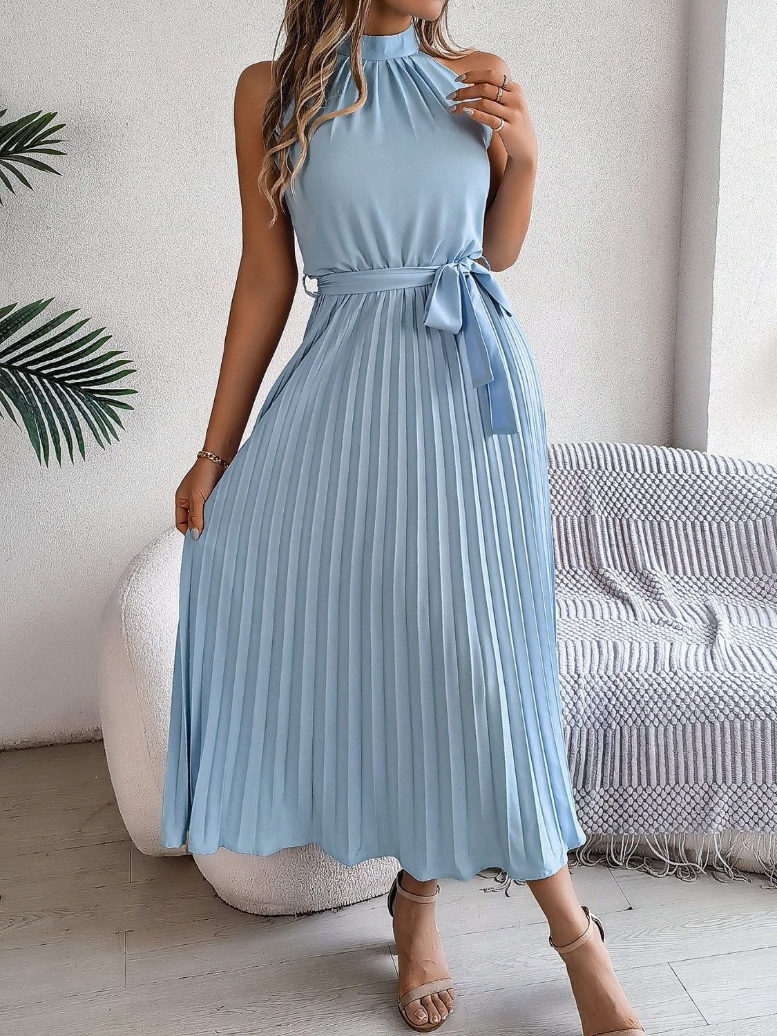 Grecian Neck Tie Waist Pleated Dress - Image 3