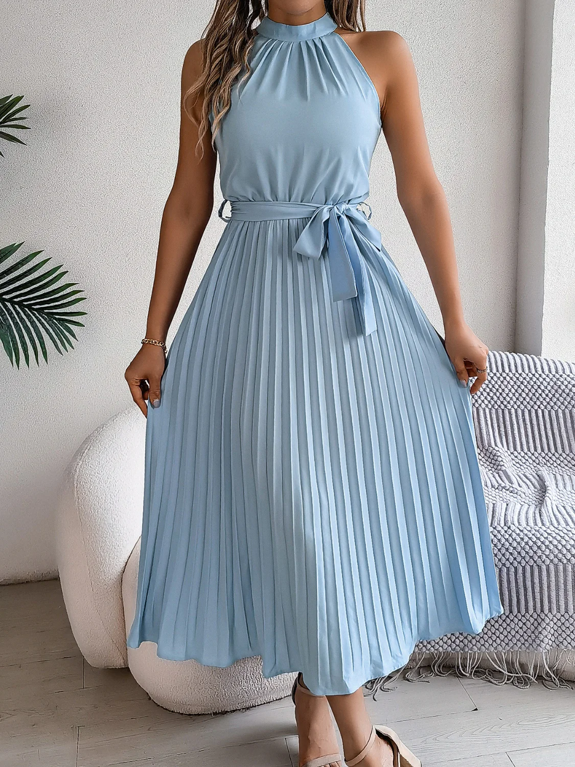 Grecian Neck Tie Waist Pleated Dress - Image 4