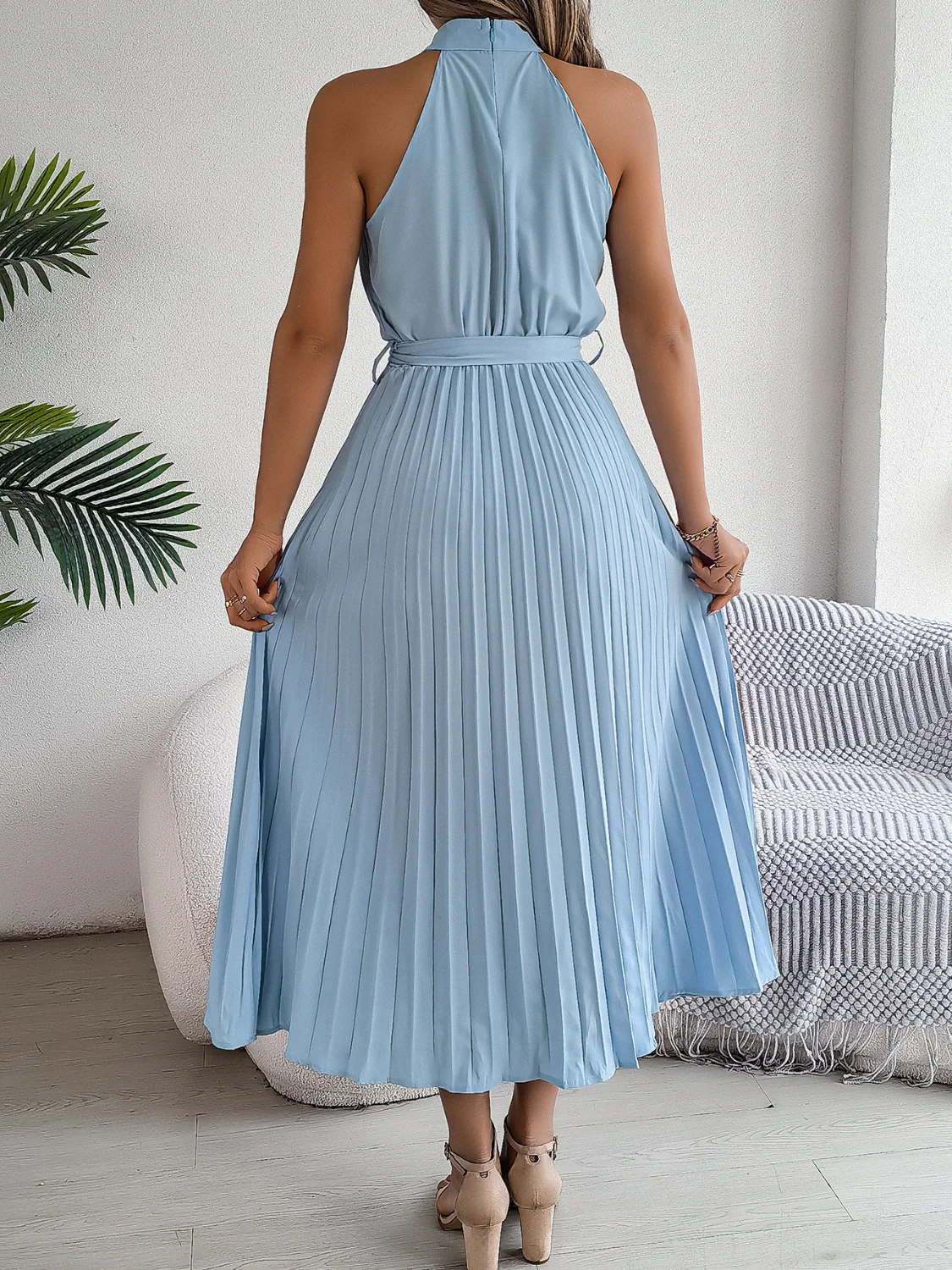 Grecian Neck Tie Waist Pleated Dress - Image 5