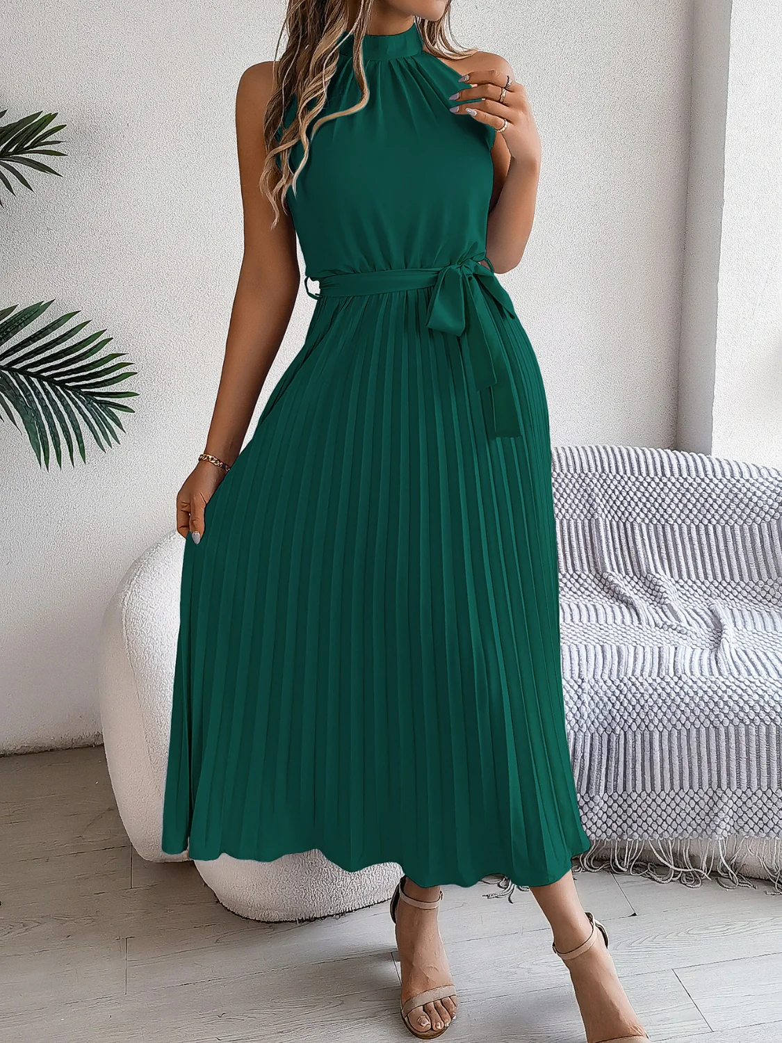 Grecian Neck Tie Waist Pleated Dress - Image 9