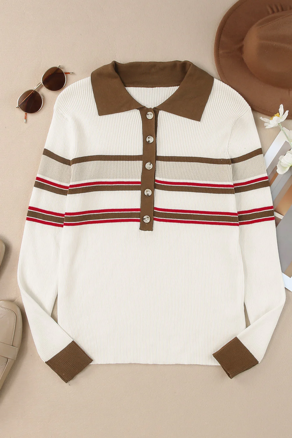 Half Button Contrast Stripe Long Sleeve Knit Top - Image 5