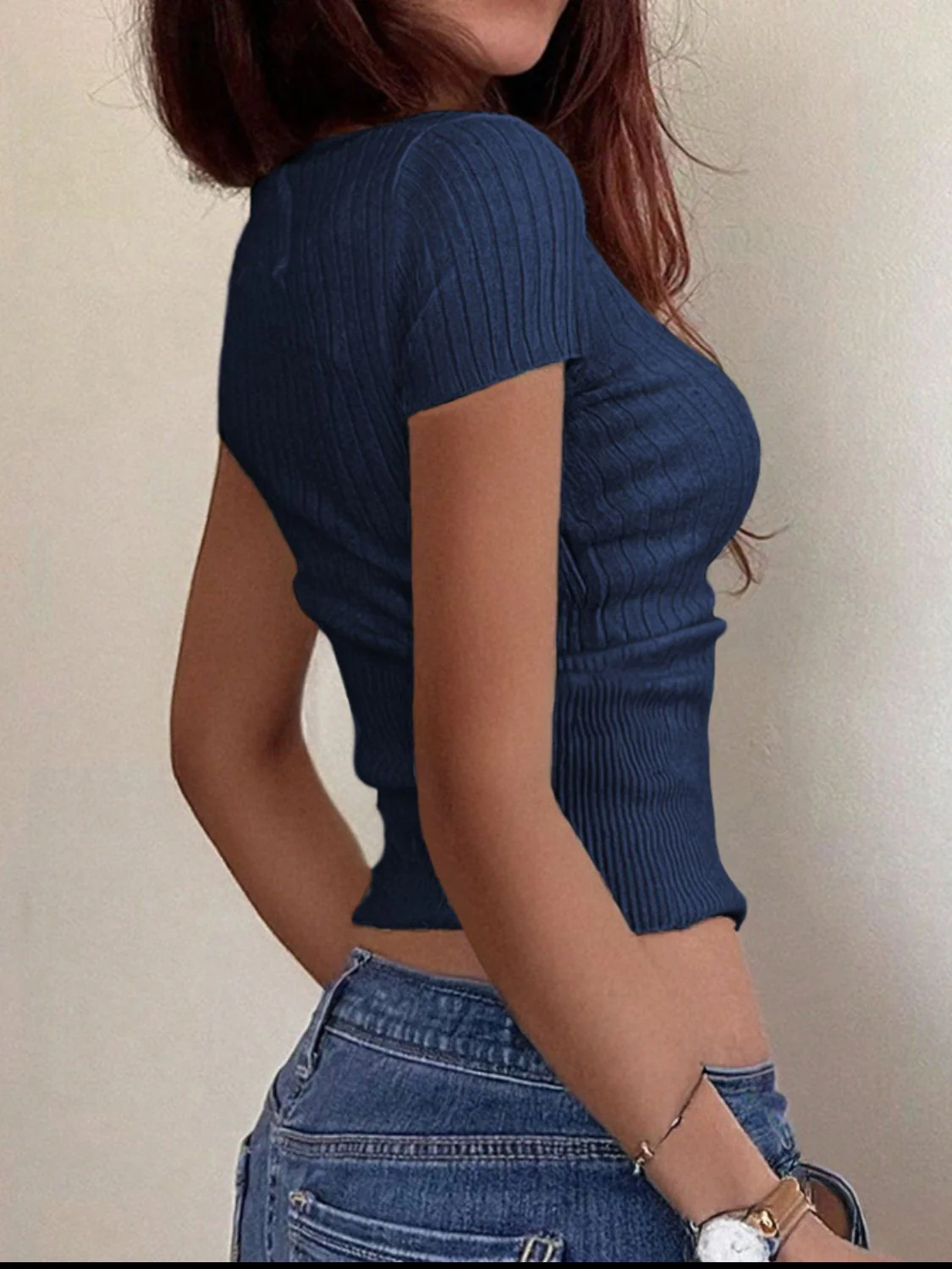 Half Button Scoop Neck Short Sleeve Knit Top - Image 8
