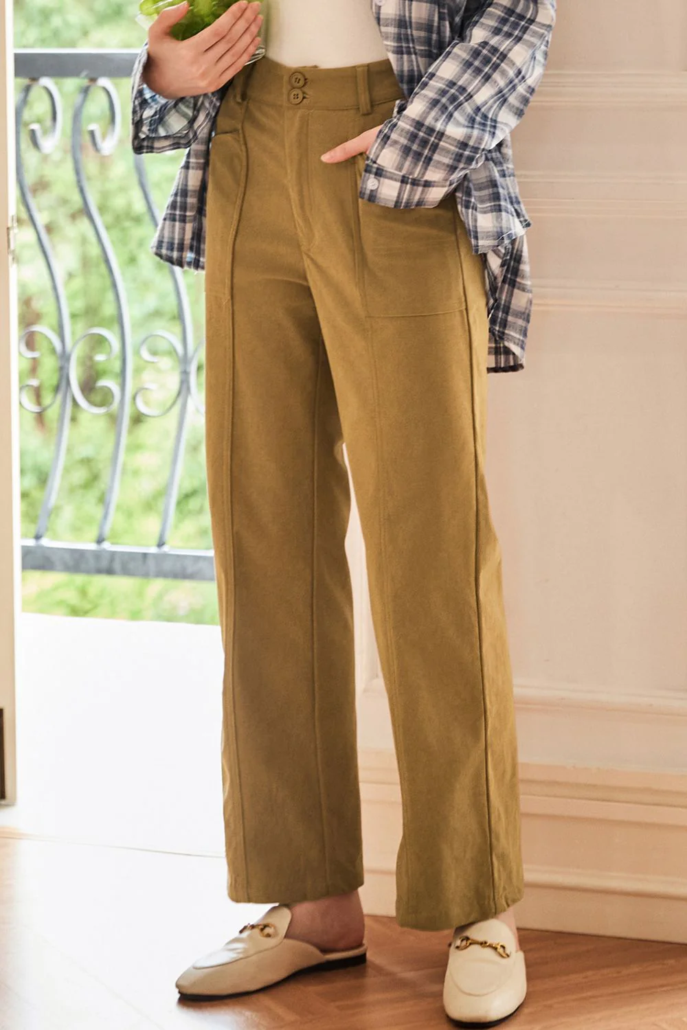 Half Elastic Waist Straight Pants - Image 2