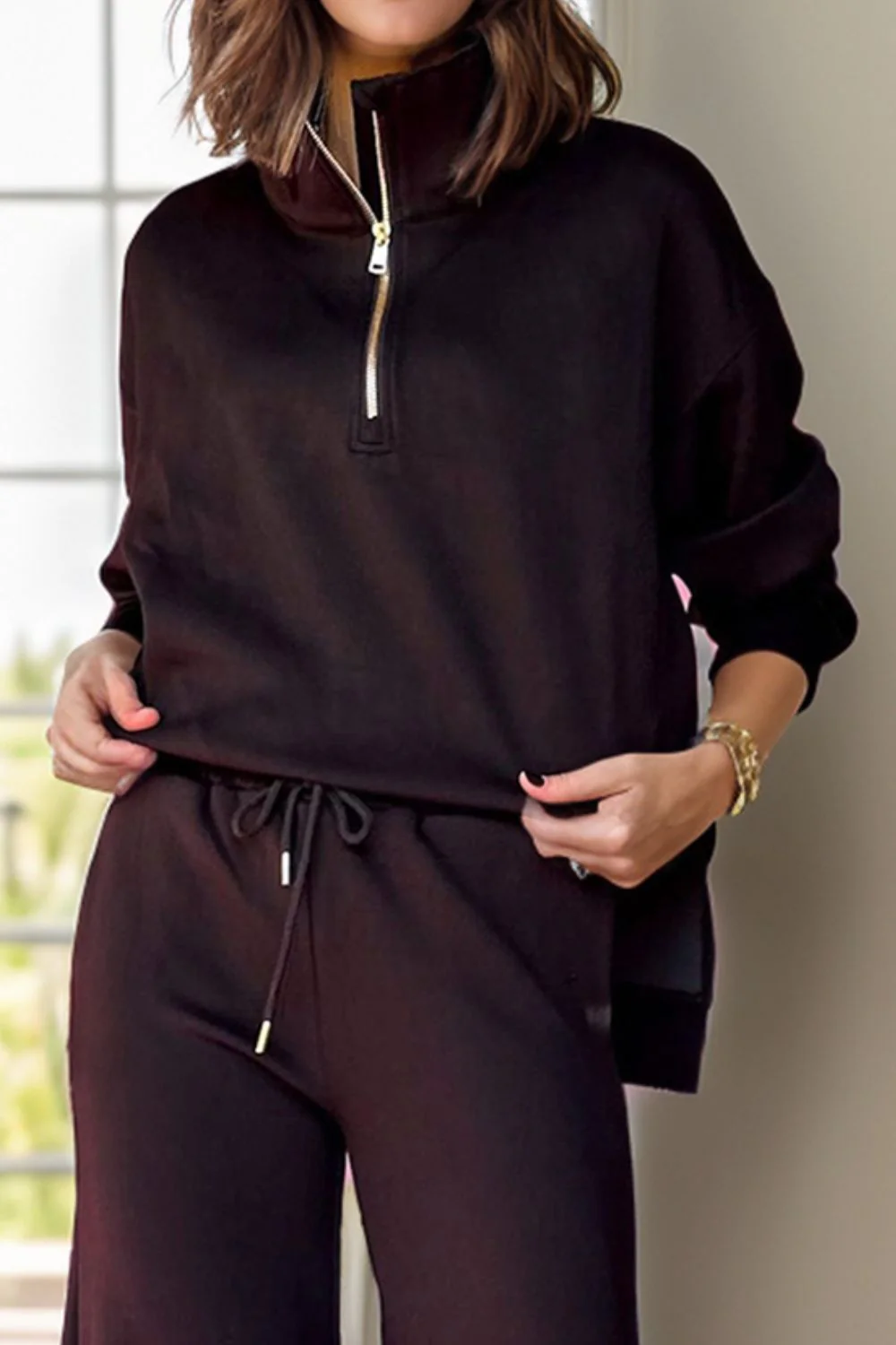 Half Zip Turtleneck Long Sleeve Top and Pants Set - Image 2