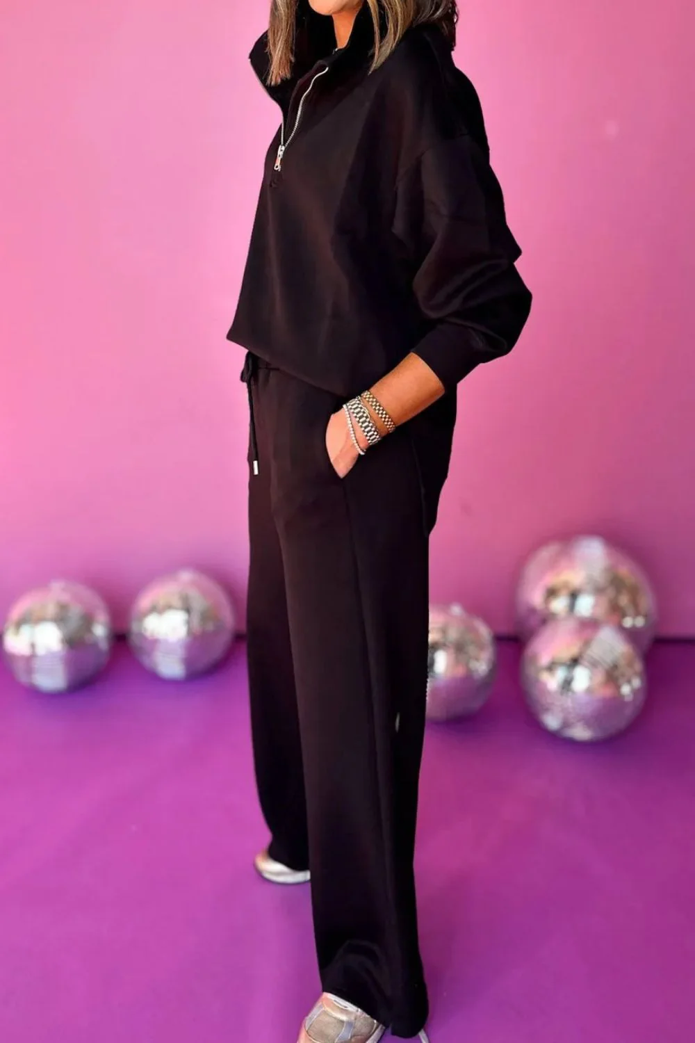 Half Zip Turtleneck Long Sleeve Top and Pants Set - Image 3