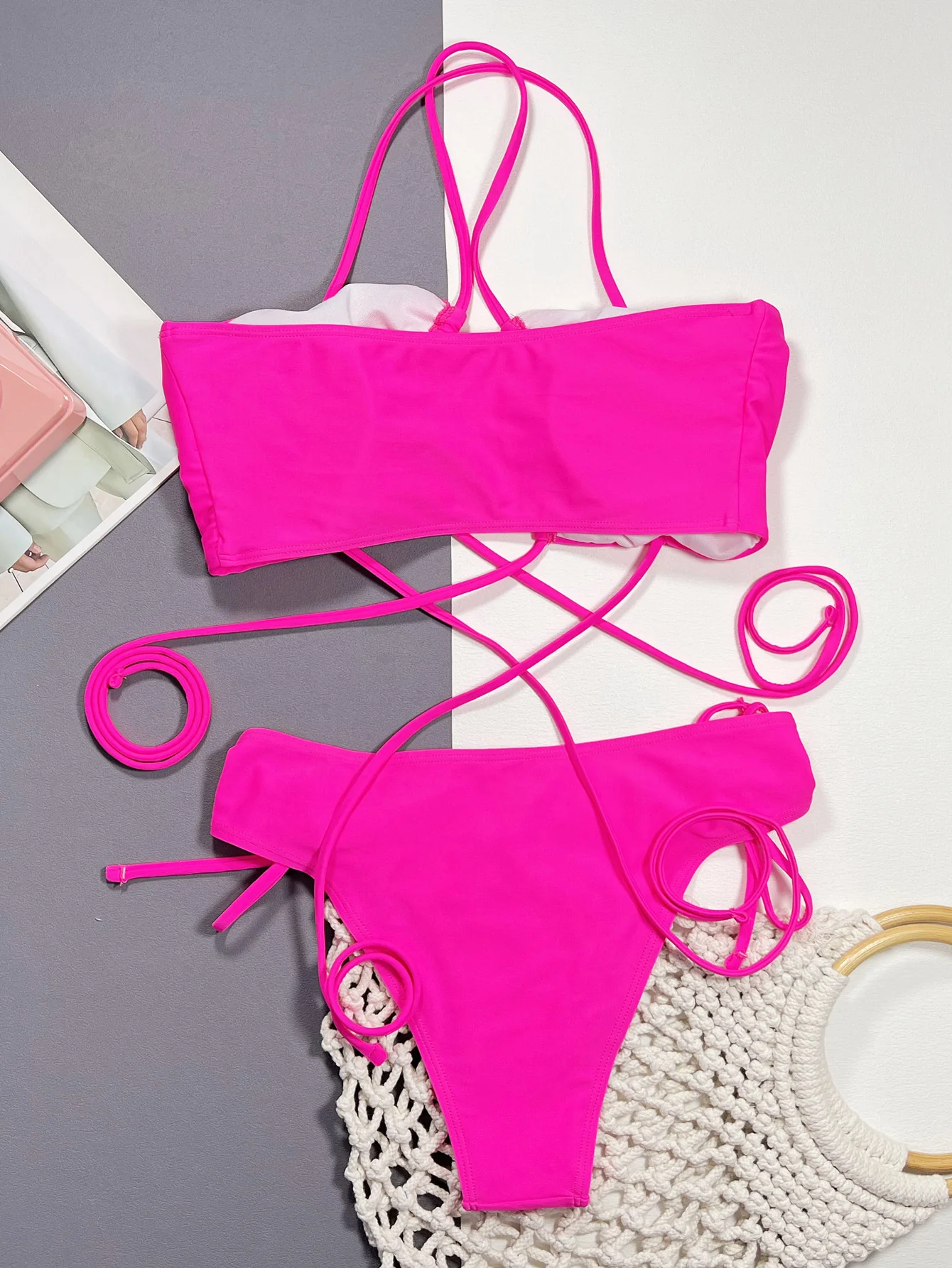 Halter Neck Drawstring Detail Bikini Set - Image 3