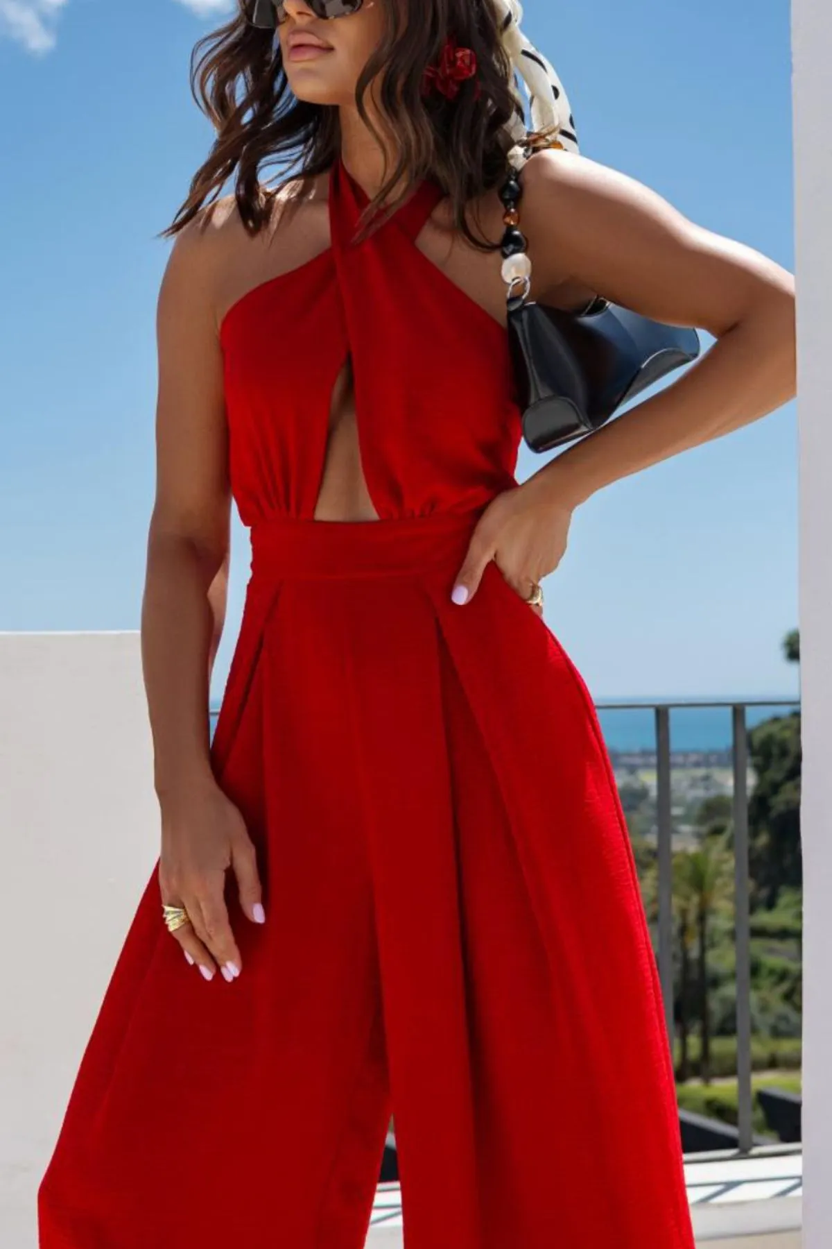 Halter Neck Wide Leg Jumpsuit with Keyhole Detail - Image 3