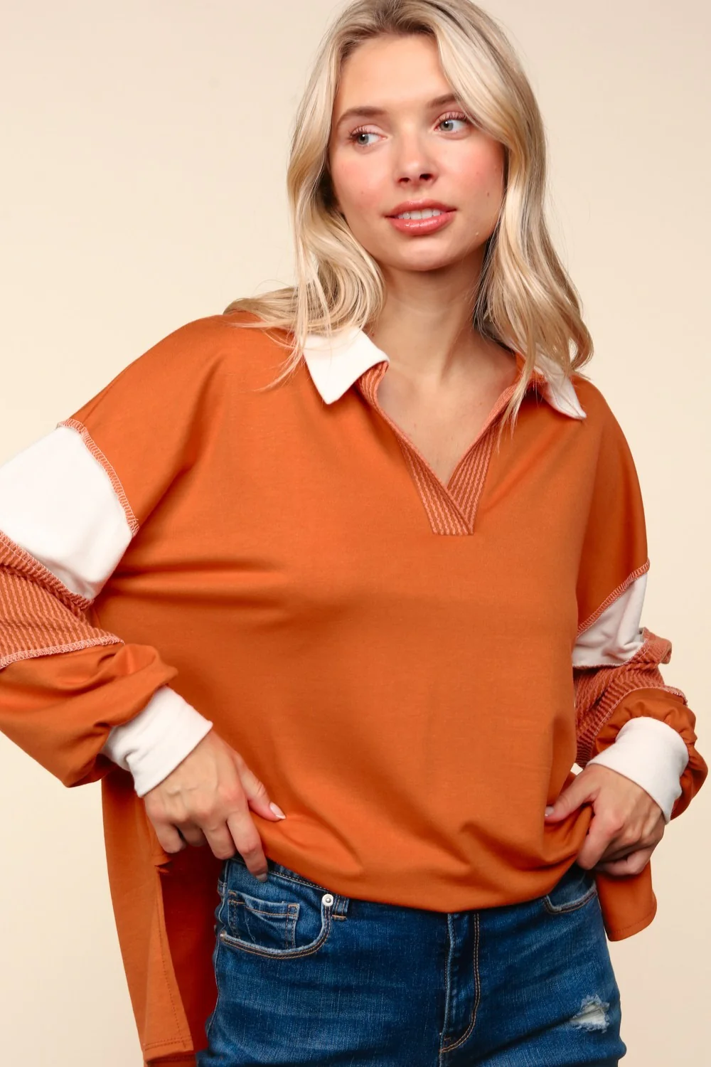Haptics Color Block Exposed Seam Long Sleeve Top - Image 3