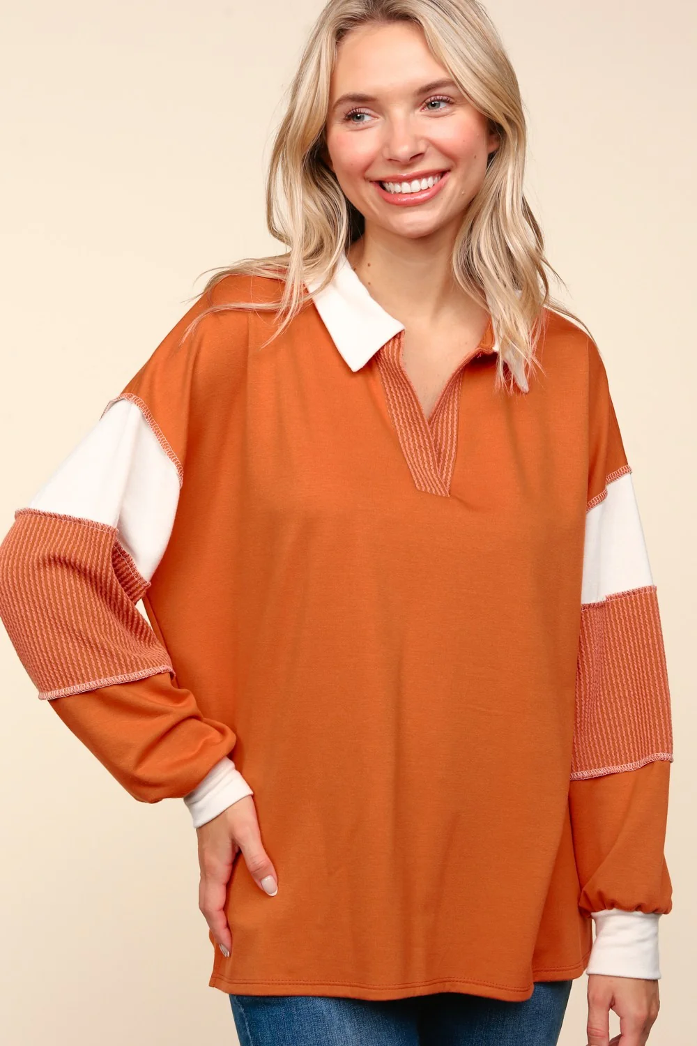 Haptics Color Block Exposed Seam Long Sleeve Top - Image 5