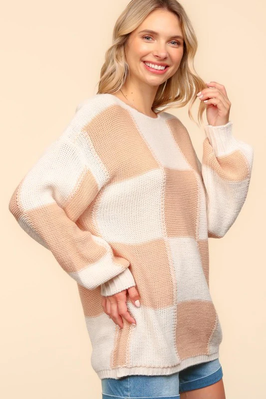 Haptics Full Size Checkered Round Neck Drop Shoulder Sweater - Image 3