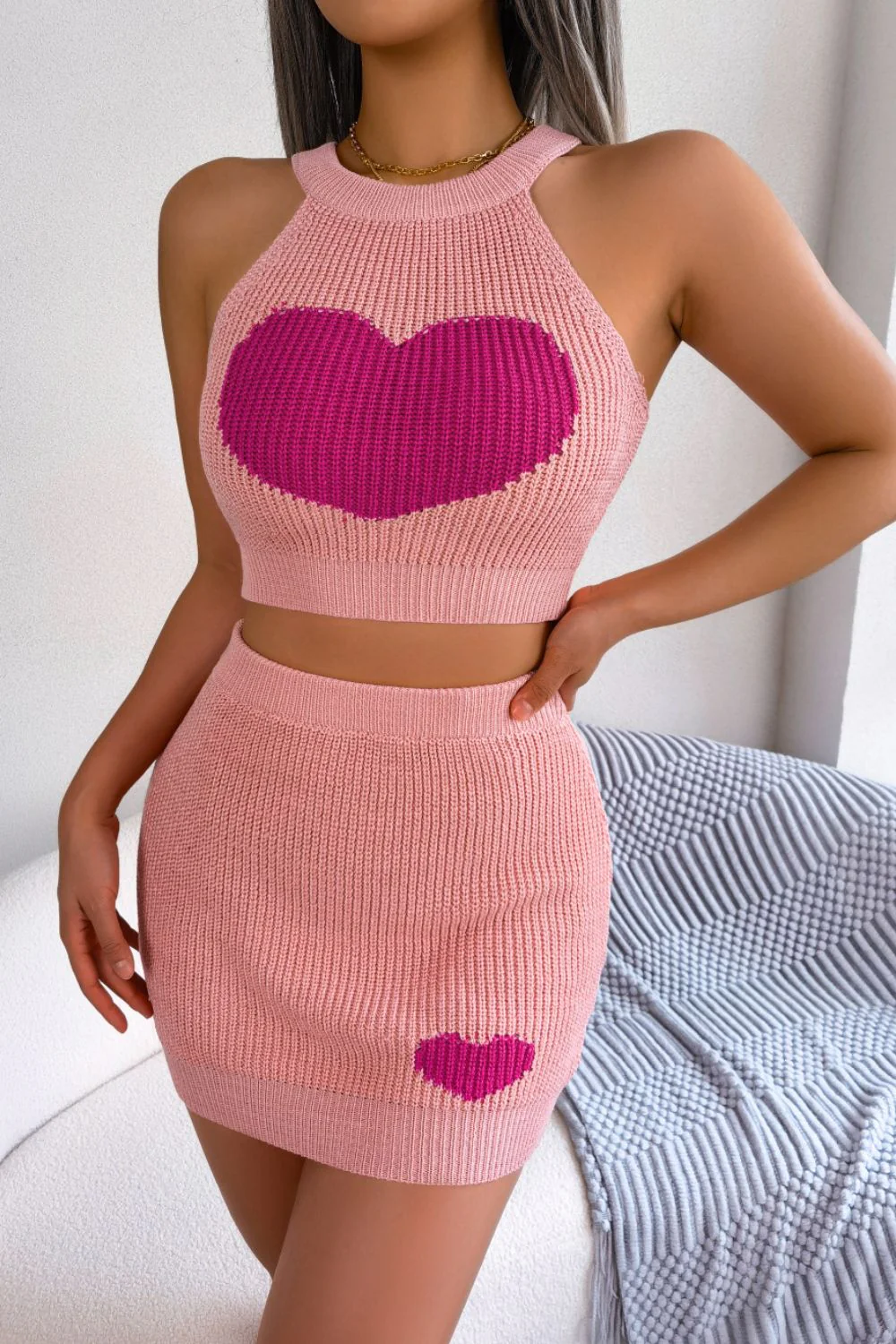 Heart Contrast Ribbed Sleeveless Knit Top and Skirt Set - Image 3