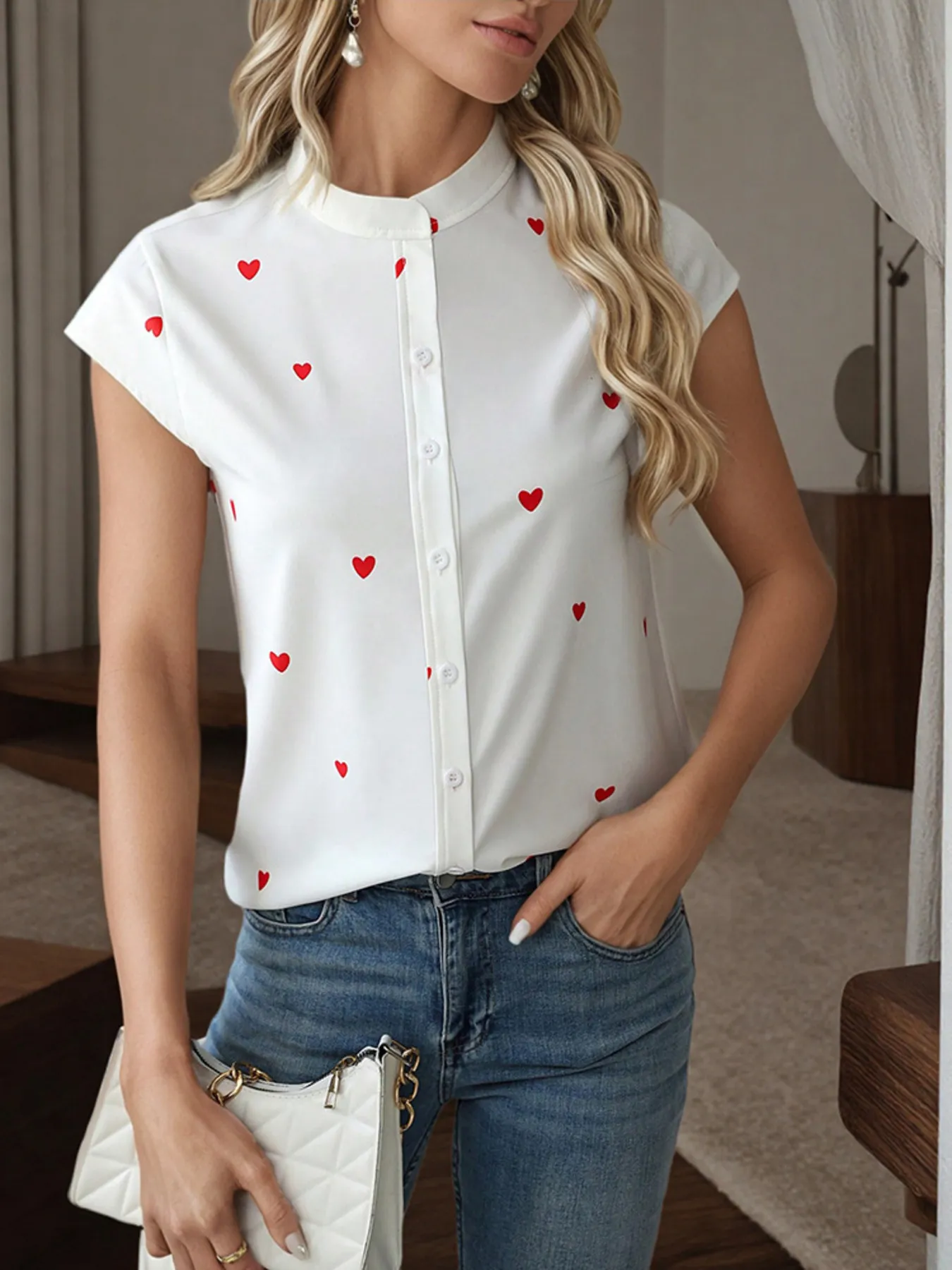 Heart Print Cap Sleeve Button-Up Shirt - Image 5