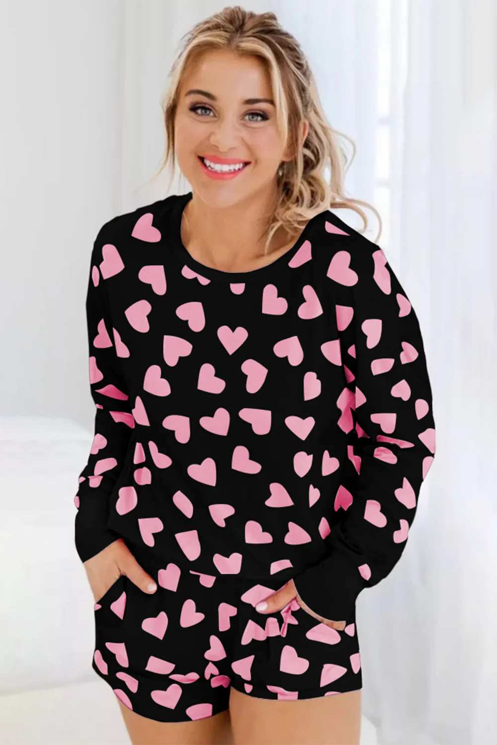 Heart Print Long Sleeve Top and Shorts Lounge Set - Image 10
