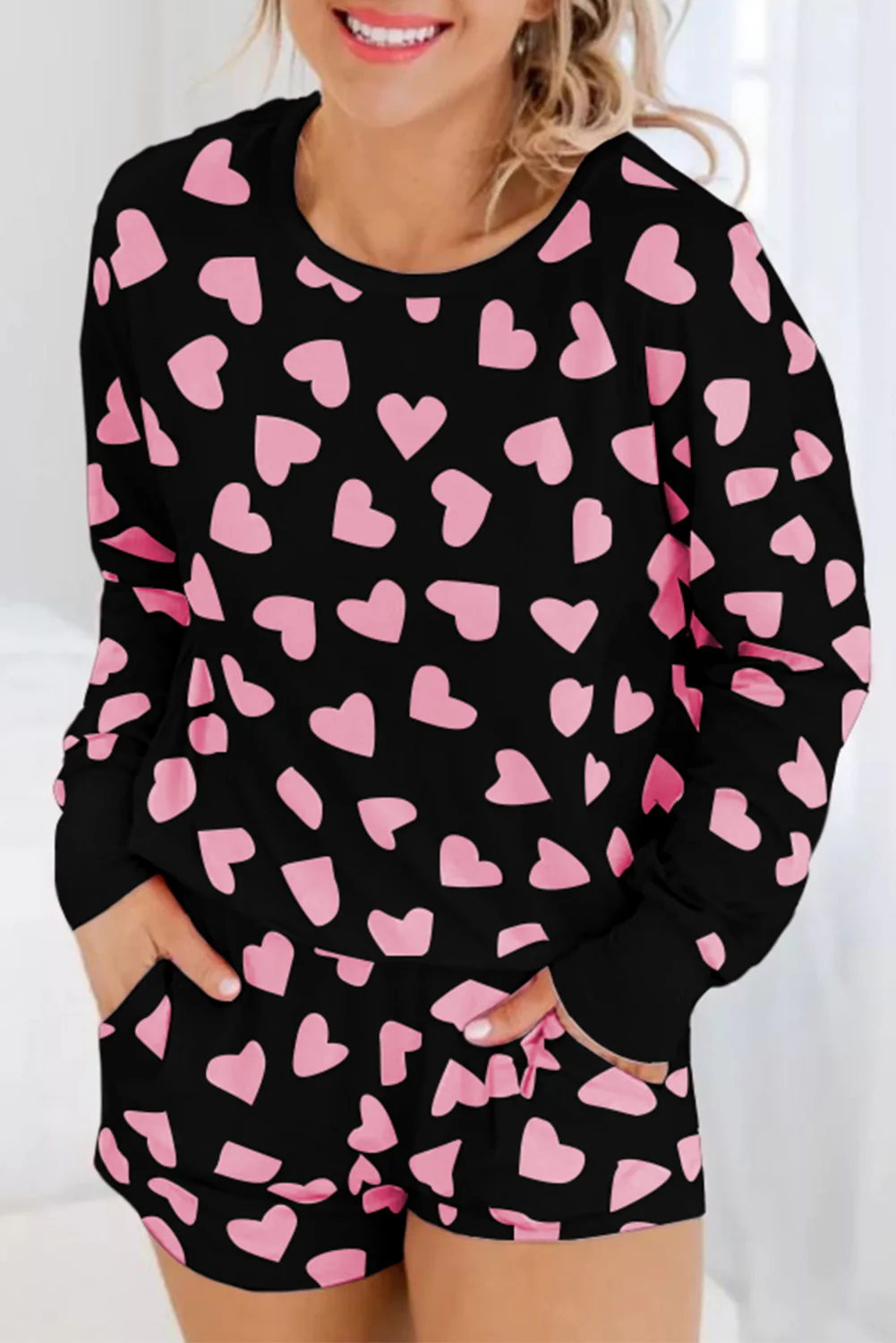 Heart Print Long Sleeve Top and Shorts Lounge Set - Image 9