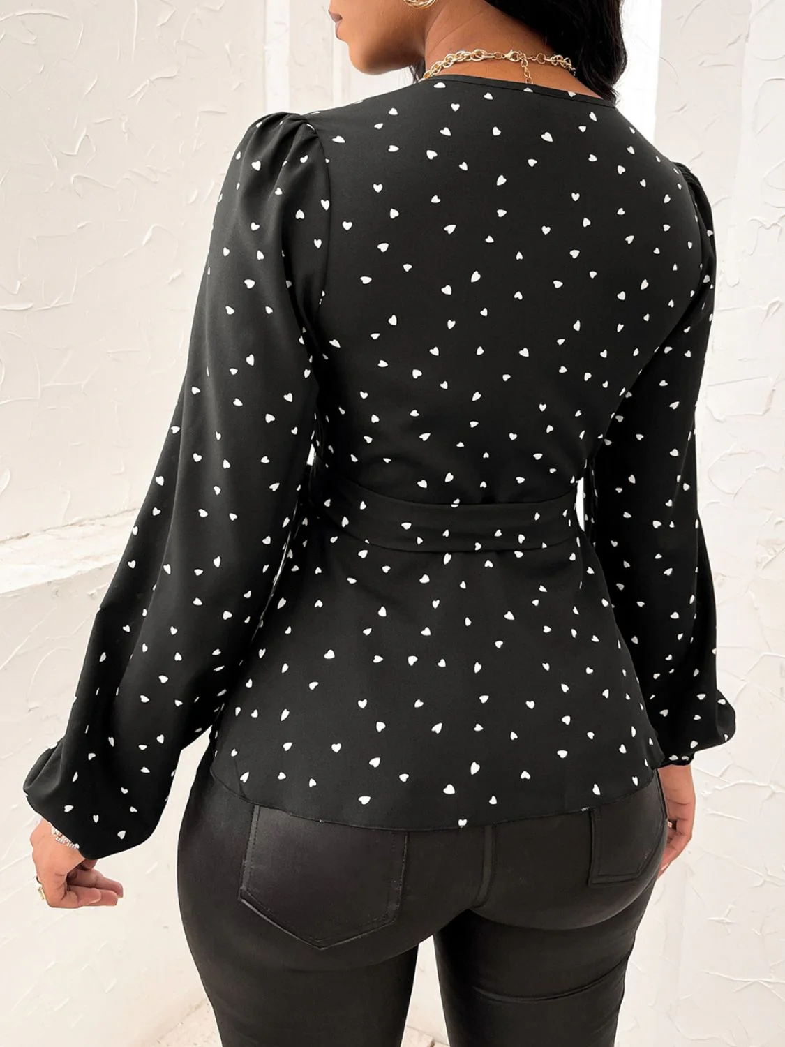 Heart Print Surplice Balloon Sleeve Blouse - Image 5