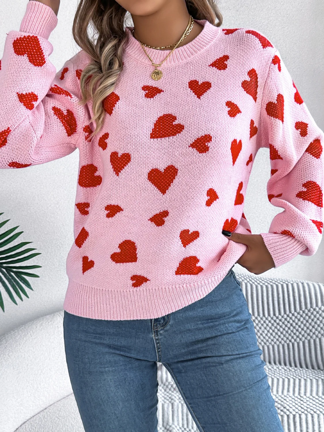 Heart Round Neck Long Sleeve Sweater - Image 2