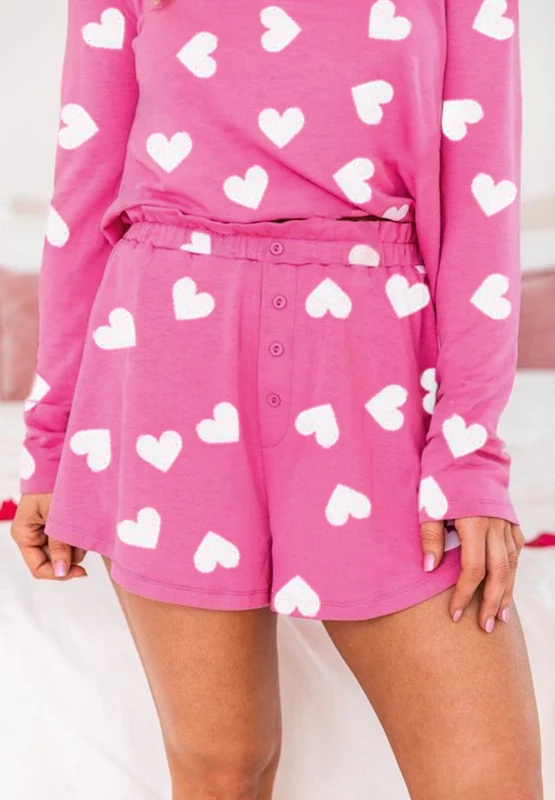 Heart Round Neck Long Sleeve Top and Elastic Waist Shorts Set - Image 2