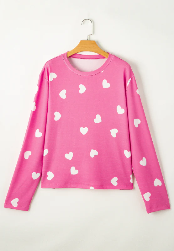 Heart Round Neck Long Sleeve Top and Elastic Waist Shorts Set - Image 4