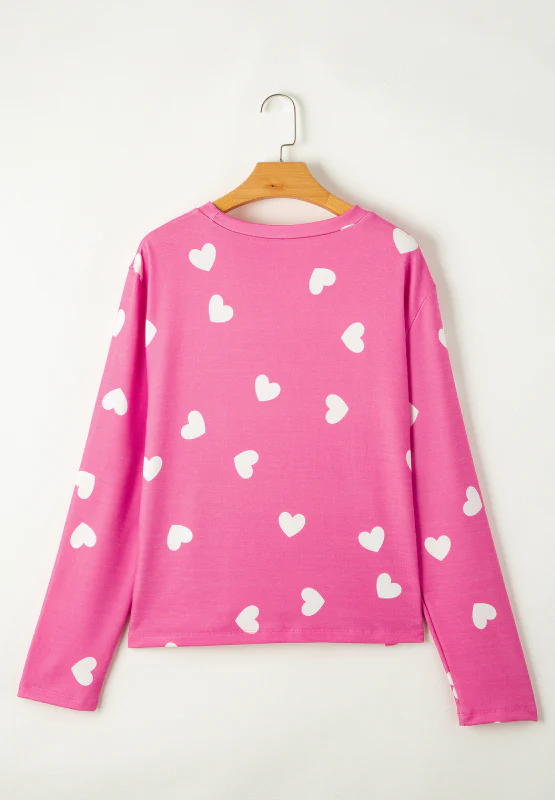Heart Round Neck Long Sleeve Top and Elastic Waist Shorts Set - Image 5