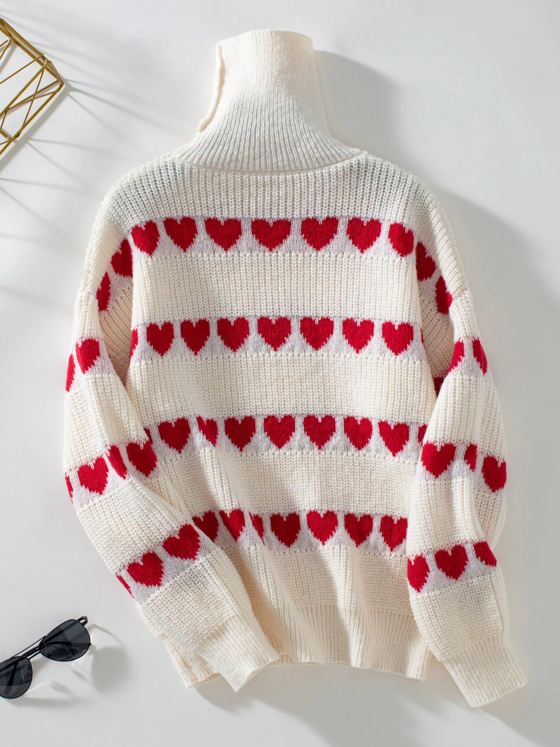 Heart Turtleneck Dropped Shoulder Sweater - Image 7