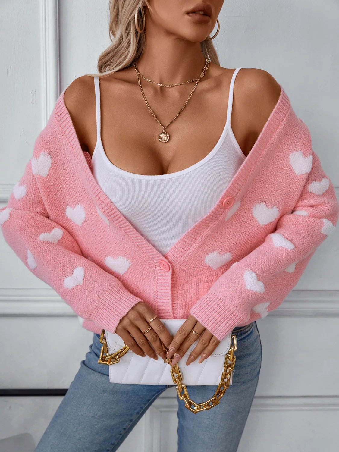 Heart V-Neck Button Up Long Sleeve Cardigan - Image 2