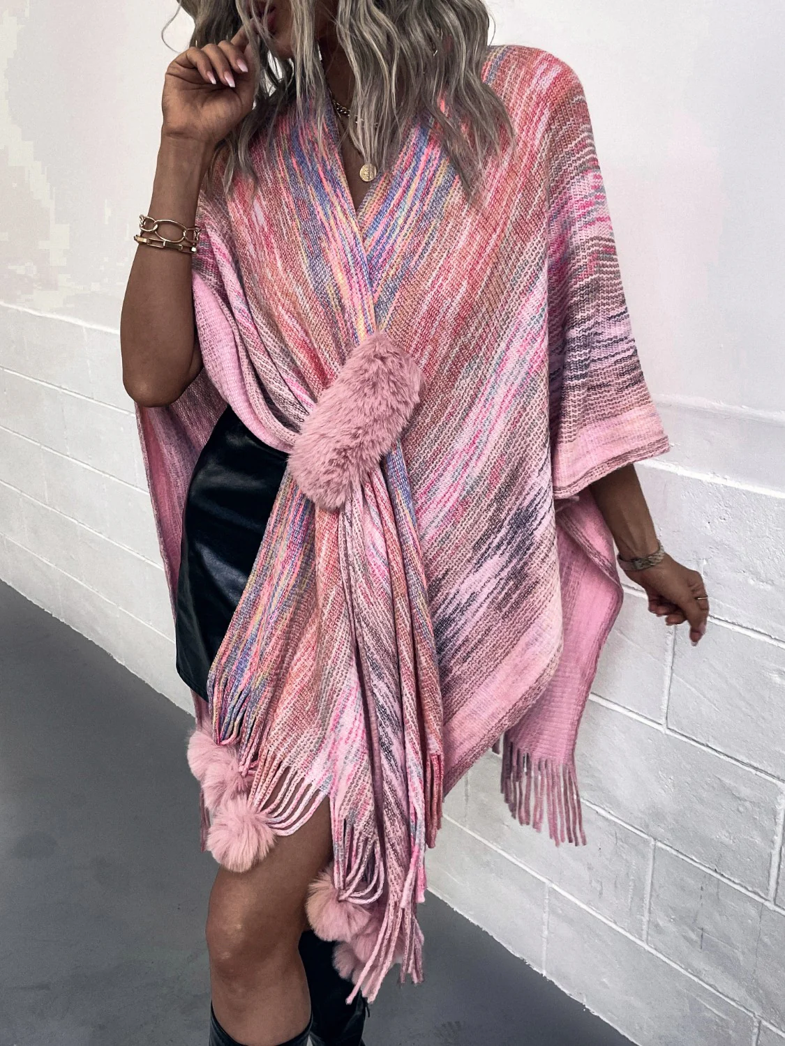 Heathered Fringe Hem Poncho - Image 3