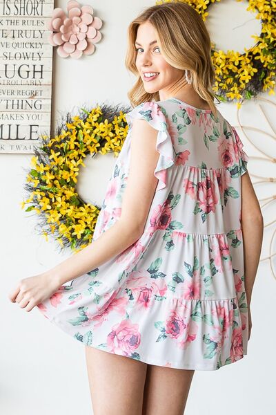 Heimish Full Size Butterfly Short Sleeve Round Neck Floral Print Tiered Top Plus Size - Image 2