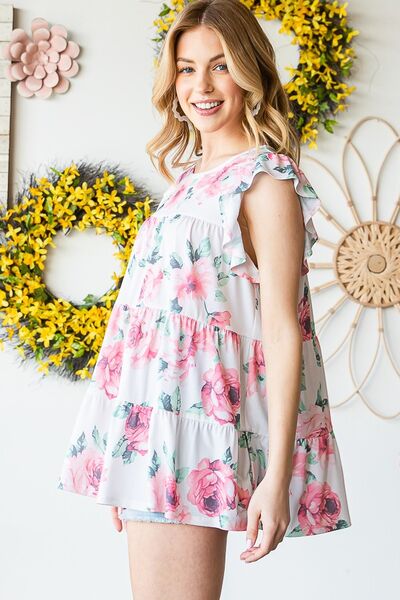 Heimish Full Size Butterfly Short Sleeve Round Neck Floral Print Tiered Top Plus Size - Image 7