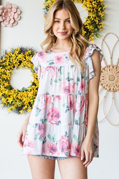 Heimish Full Size Butterfly Short Sleeve Round Neck Floral Print Tiered Top Plus Size - Image 9