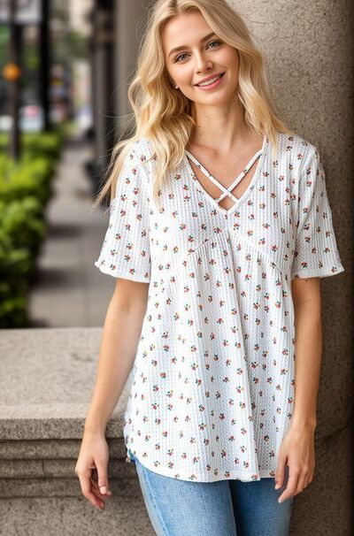 Heimish Full Size Crisscross Ditsy Floral Babydoll Top Plus Size - Image 12
