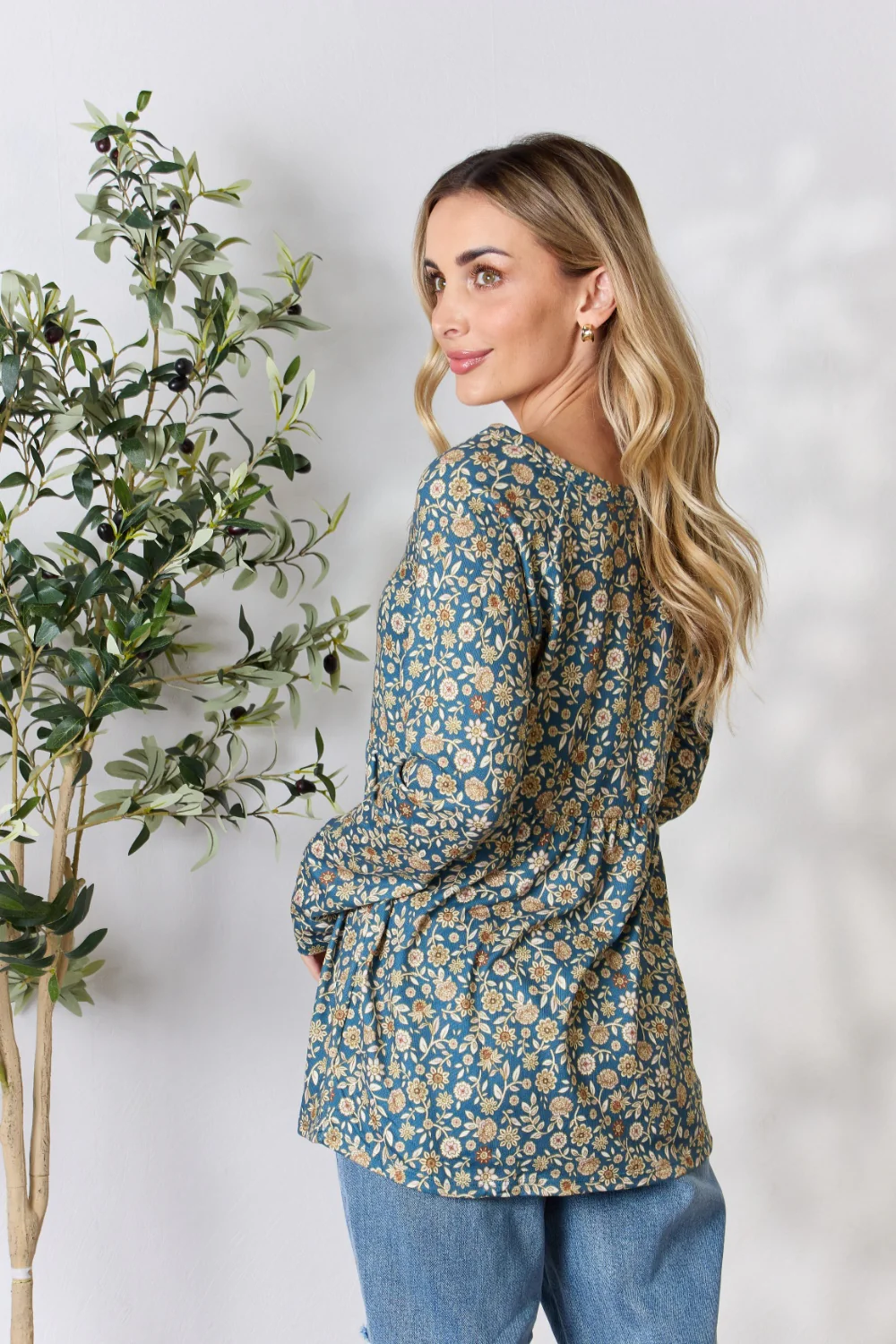Heimish Full Size Floral Half Button Long Sleeve Blouse - Image 3